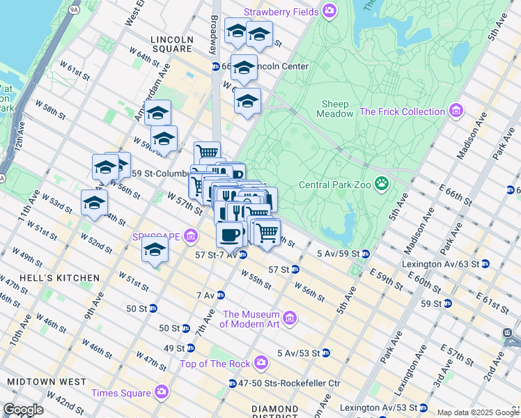 map of restaurants, bars, coffee shops, grocery stores, and more near 200 West 59th Street in New York