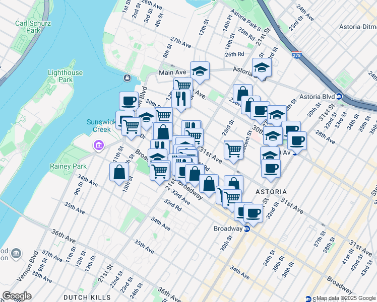 map of restaurants, bars, coffee shops, grocery stores, and more near 51 21st Street in Queens