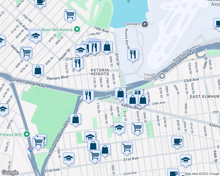 map of restaurants, bars, coffee shops, grocery stores, and more near 22-61 79th Street in Queens