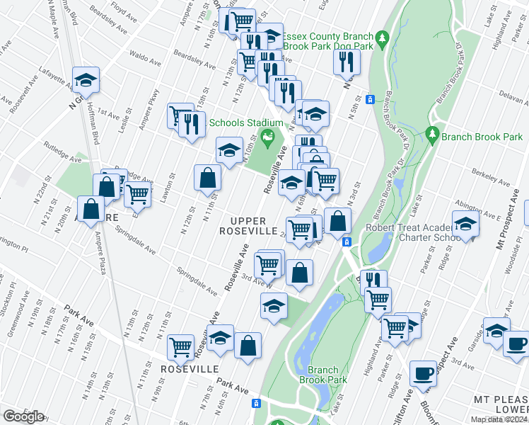 map of restaurants, bars, coffee shops, grocery stores, and more near 479 Roseville Avenue in Newark