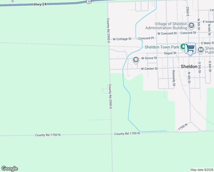 map of restaurants, bars, coffee shops, grocery stores, and more near 1739 North 2900 East Road in Sheldon
