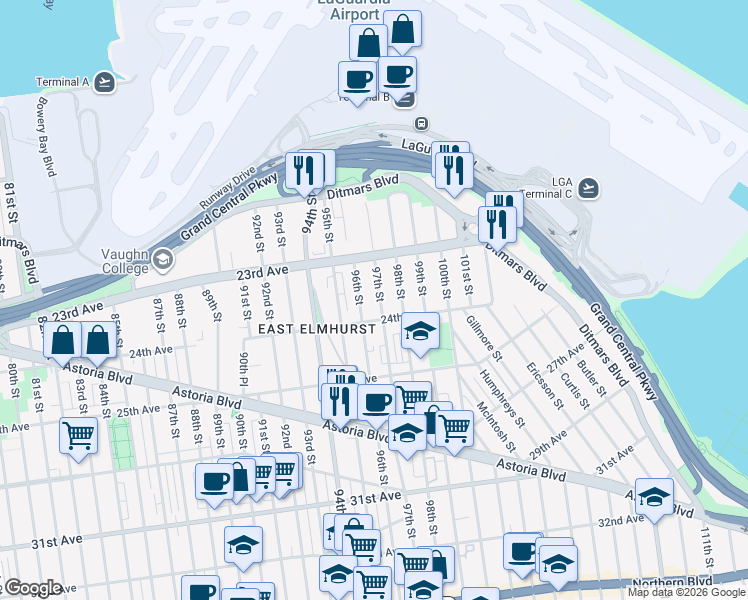 map of restaurants, bars, coffee shops, grocery stores, and more near 23-50 97th Street in Queens