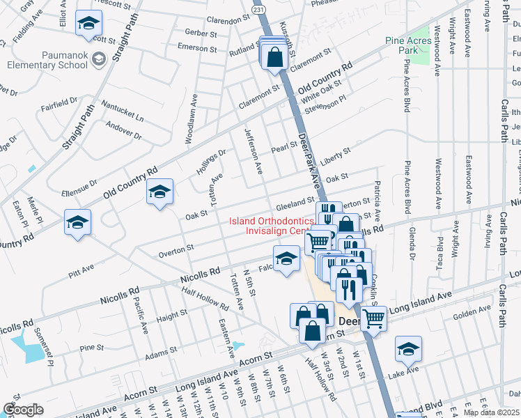 map of restaurants, bars, coffee shops, grocery stores, and more near 129 Gleeland Street in Deer Park
