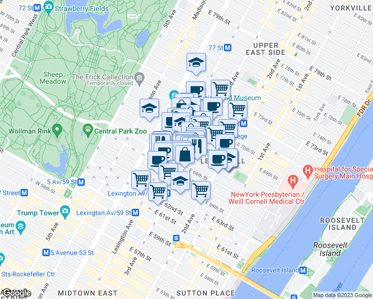 map of restaurants, bars, coffee shops, grocery stores, and more near 163 East 67th Street in New York