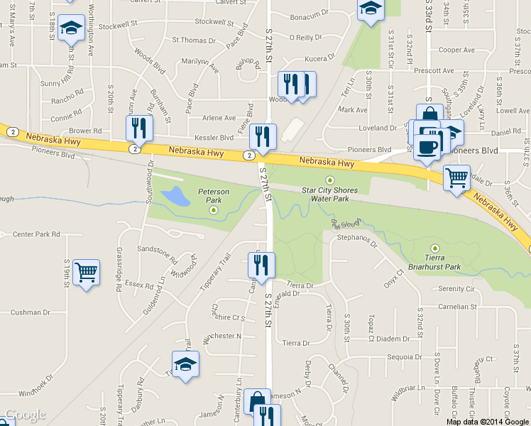 map of restaurants, bars, coffee shops, grocery stores, and more near 2625 Piccadilly Court in Lincoln