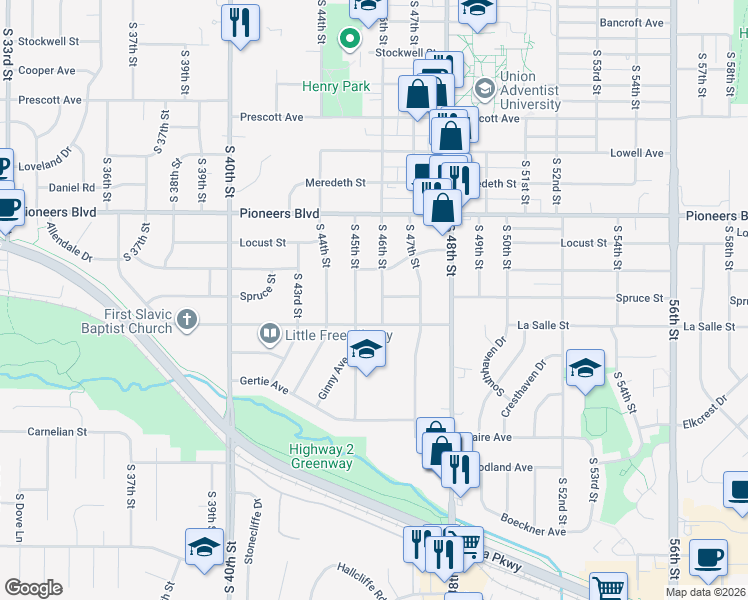 map of restaurants, bars, coffee shops, grocery stores, and more near 4601 South 46th Street in Lincoln