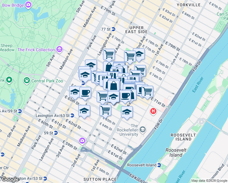 map of restaurants, bars, coffee shops, grocery stores, and more near 301 East 69th Street in New York