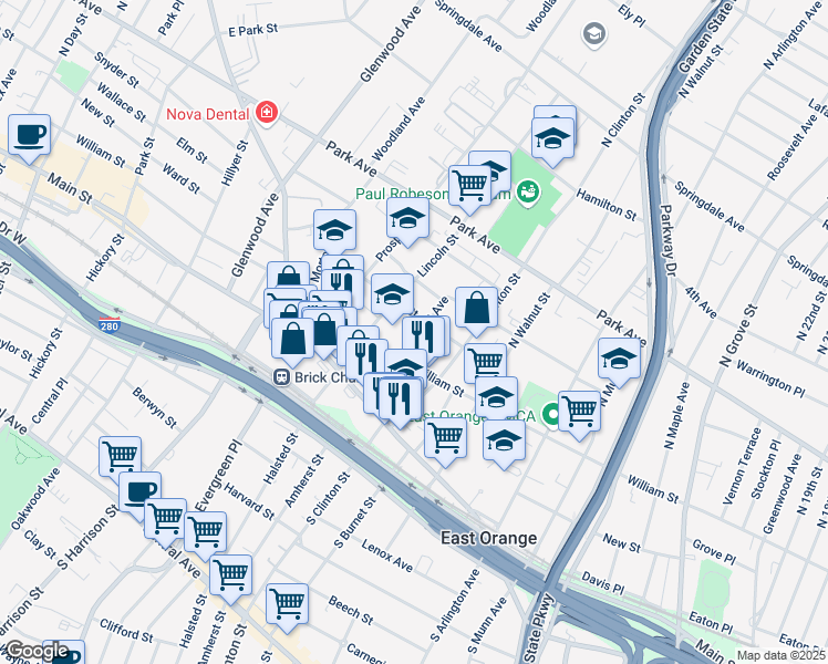 map of restaurants, bars, coffee shops, grocery stores, and more near 69 Ashland Avenue in East Orange