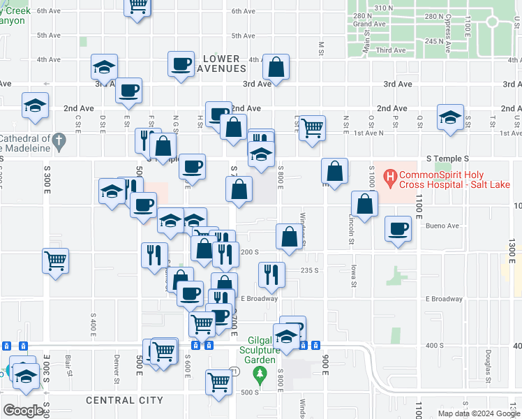 map of restaurants, bars, coffee shops, grocery stores, and more near 732 East 100 South in Salt Lake City