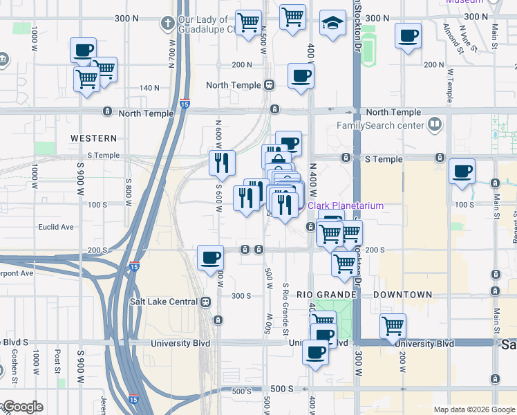 map of restaurants, bars, coffee shops, grocery stores, and more near 100 500 West in Salt Lake City