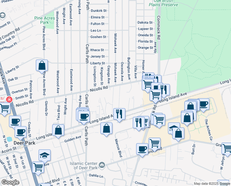 map of restaurants, bars, coffee shops, grocery stores, and more near 32 Evergreen Place in Deer Park
