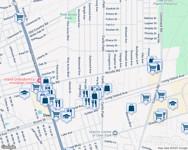 map of restaurants, bars, coffee shops, grocery stores, and more near 93 Irving Avenue in Deer Park