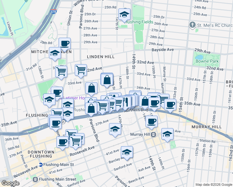 map of restaurants, bars, coffee shops, grocery stores, and more near 147-02 34th Avenue in Queens