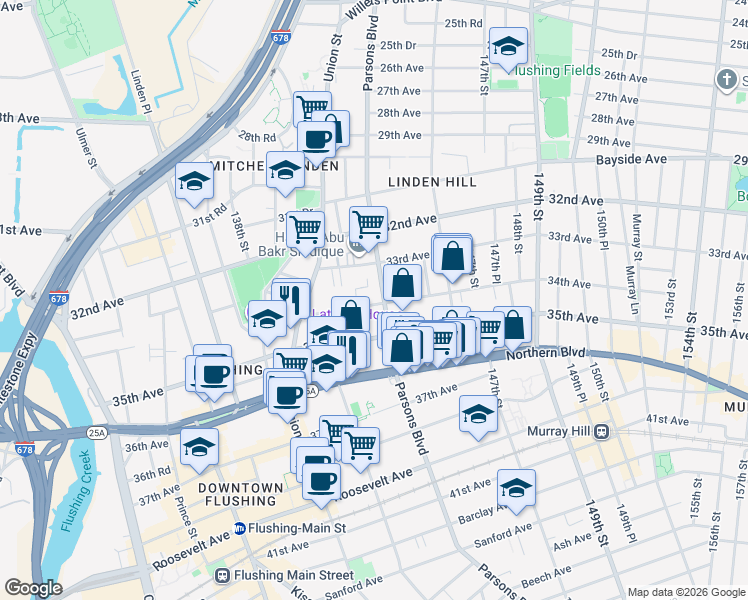 map of restaurants, bars, coffee shops, grocery stores, and more near in Queens
