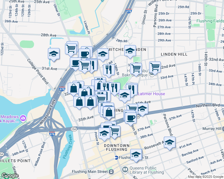 map of restaurants, bars, coffee shops, grocery stores, and more near 32-25 Linden Place in Queens
