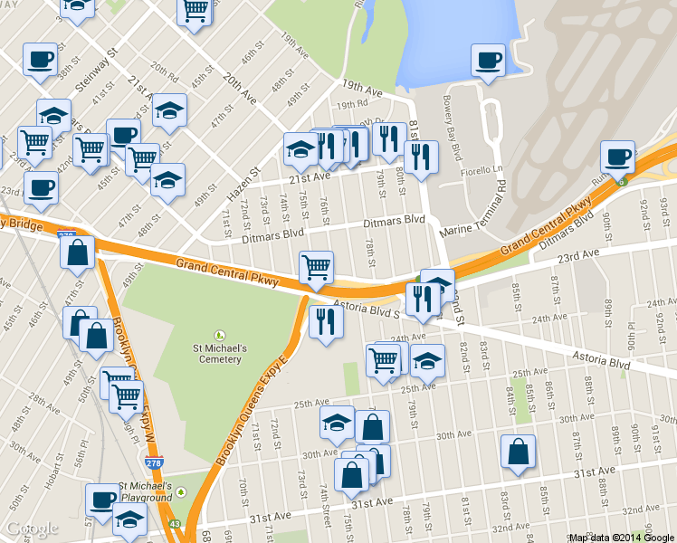 map of restaurants, bars, coffee shops, grocery stores, and more near 22-49 76th Street in Queens