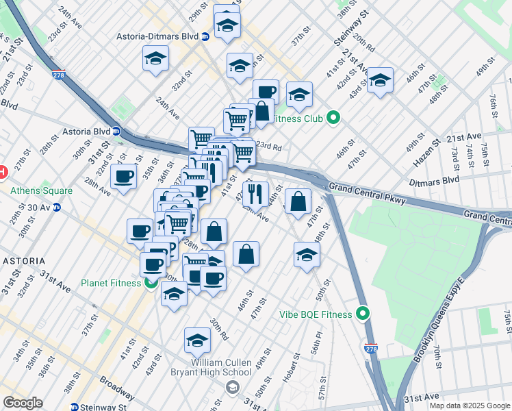 map of restaurants, bars, coffee shops, grocery stores, and more near 42-15 25th Avenue in Queens