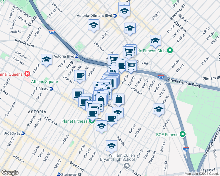 map of restaurants, bars, coffee shops, grocery stores, and more near 81 Steinway Street in Queens