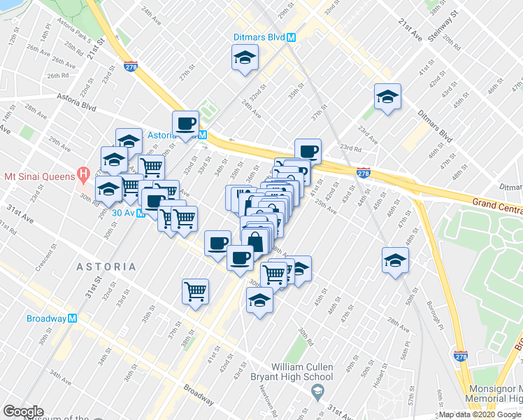 map of restaurants, bars, coffee shops, grocery stores, and more near 25-72 Steinway Street in Queens