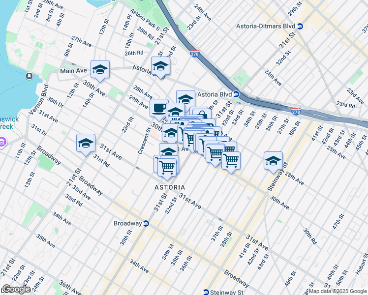 map of restaurants, bars, coffee shops, grocery stores, and more near 3105 30th Avenue in Queens
