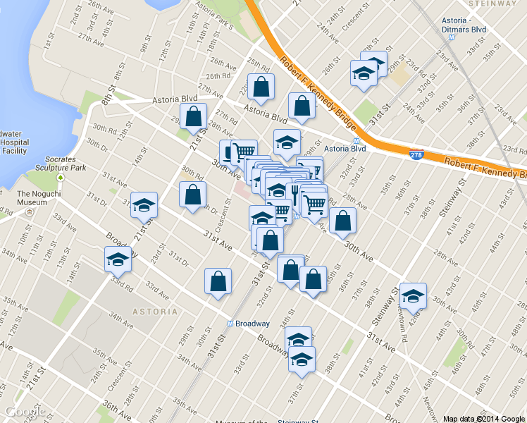 map of restaurants, bars, coffee shops, grocery stores, and more near 2928 30th Avenue in Queens