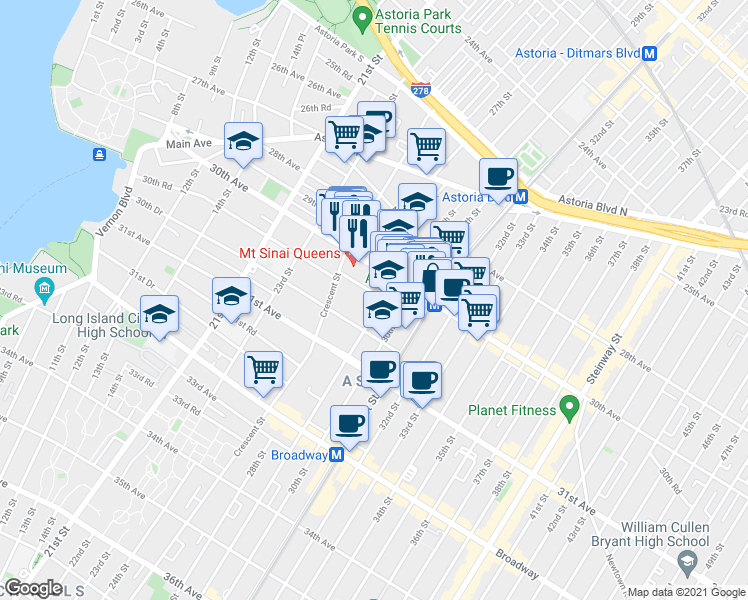 map of restaurants, bars, coffee shops, grocery stores, and more near 25-40 30th Road in Queens