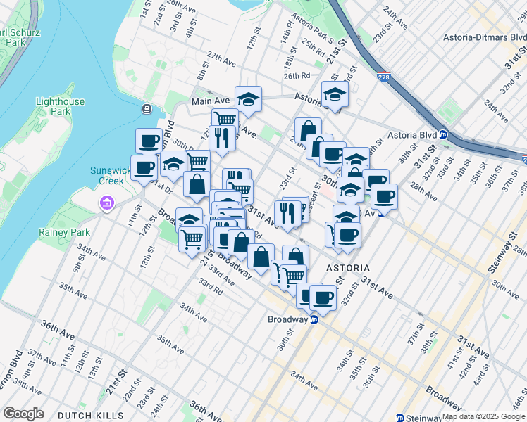 map of restaurants, bars, coffee shops, grocery stores, and more near 21-23 31st Avenue in Queens