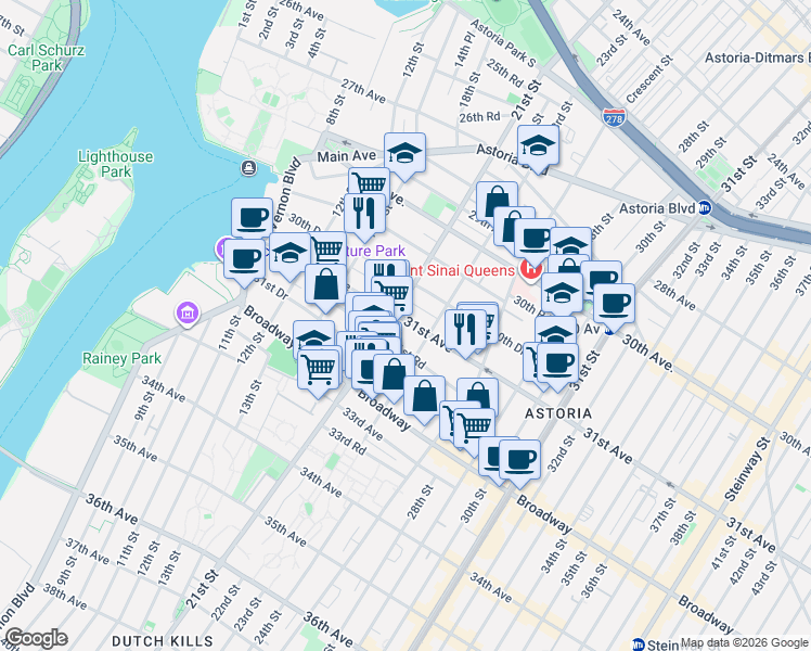 map of restaurants, bars, coffee shops, grocery stores, and more near 21-23 31st Avenue in Queens