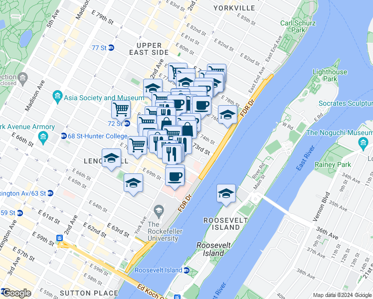 map of restaurants, bars, coffee shops, grocery stores, and more near in New York