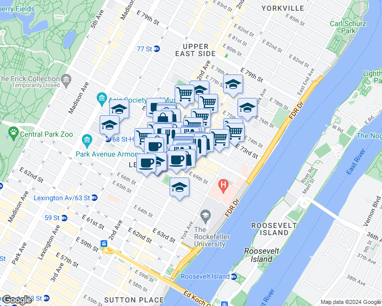 map of restaurants, bars, coffee shops, grocery stores, and more near 333 East 70th Street in New York