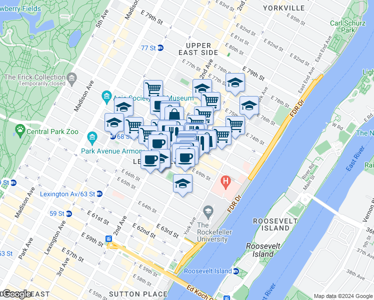 map of restaurants, bars, coffee shops, grocery stores, and more near 333 East 70th Street in New York