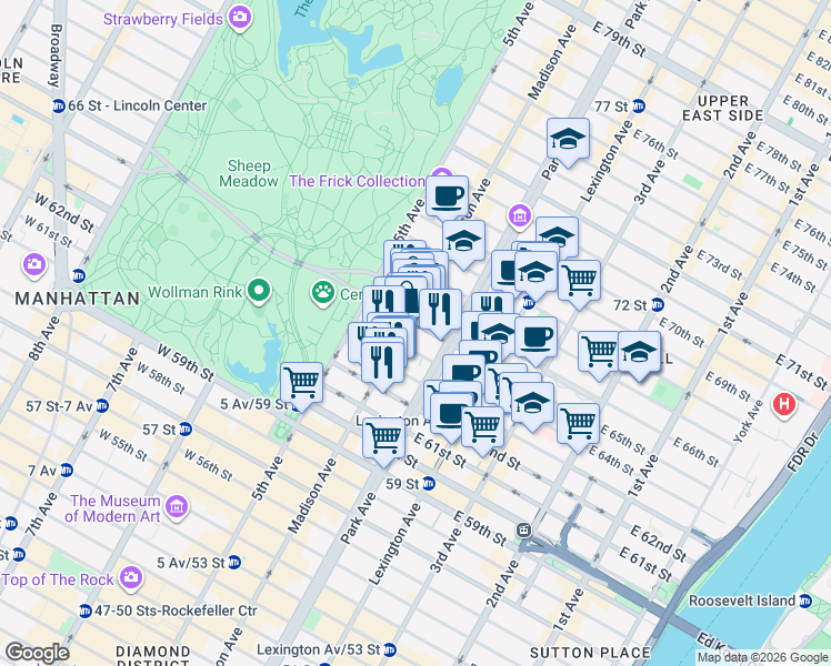 map of restaurants, bars, coffee shops, grocery stores, and more near 42A East 65th Street in New York