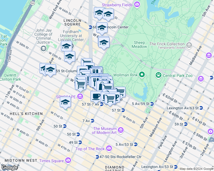 map of restaurants, bars, coffee shops, grocery stores, and more near 930 West 58th Street in New York