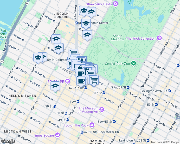 map of restaurants, bars, coffee shops, grocery stores, and more near 930 West 58th Street in New York