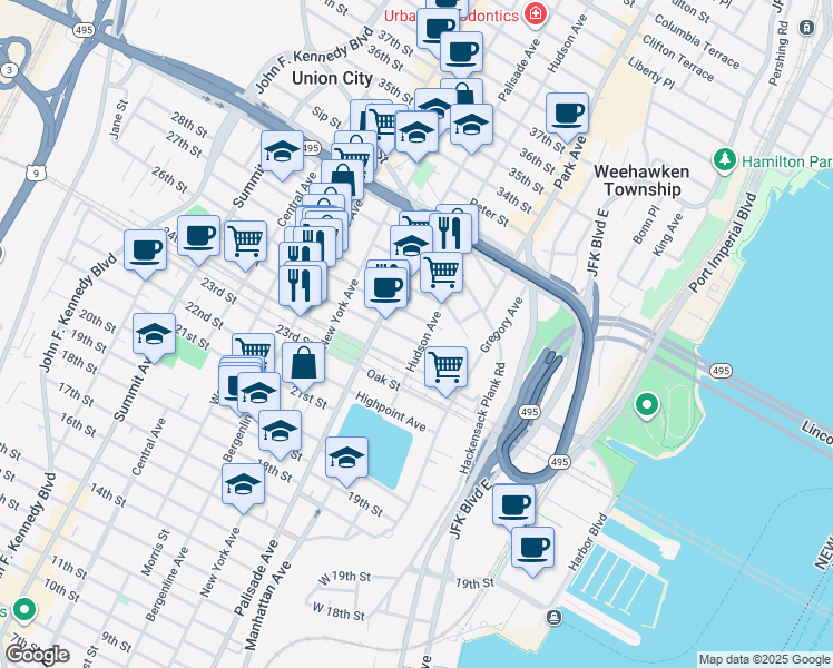 map of restaurants, bars, coffee shops, grocery stores, and more near 208 Dodd Street in Weehawken