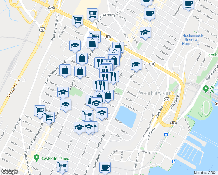 map of restaurants, bars, coffee shops, grocery stores, and more near 2302 Bergenline Avenue in Union City