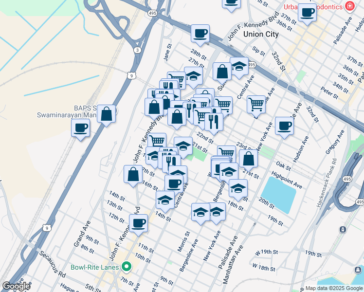 map of restaurants, bars, coffee shops, grocery stores, and more near 808 20th Street in Union City