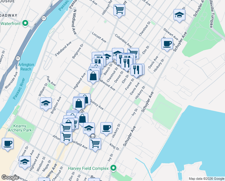 map of restaurants, bars, coffee shops, grocery stores, and more near 385 Elm Street in Kearny