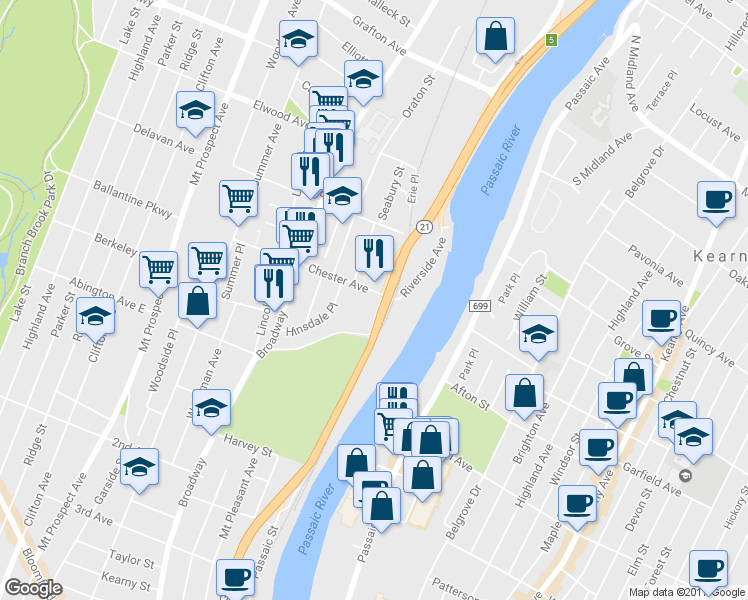 map of restaurants, bars, coffee shops, grocery stores, and more near 47 Riverside Avenue in Newark