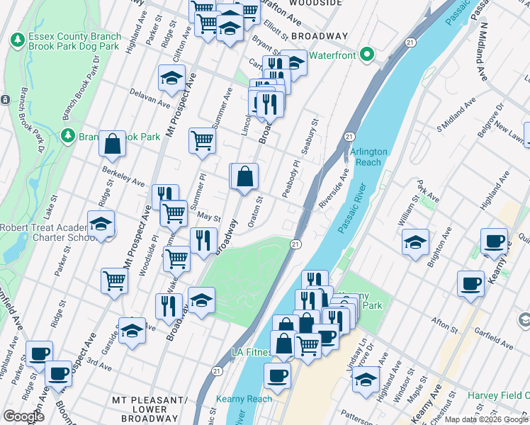 map of restaurants, bars, coffee shops, grocery stores, and more near 39 Oraton Street in Newark