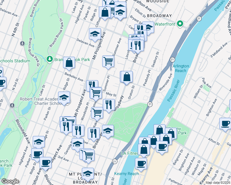 map of restaurants, bars, coffee shops, grocery stores, and more near 21 May Street in Newark