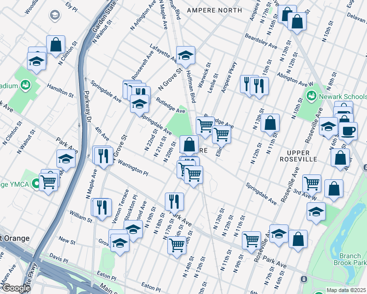 map of restaurants, bars, coffee shops, grocery stores, and more near 263 North 19th Street in East Orange
