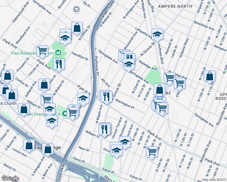 map of restaurants, bars, coffee shops, grocery stores, and more near 288 North Maple Avenue in East Orange