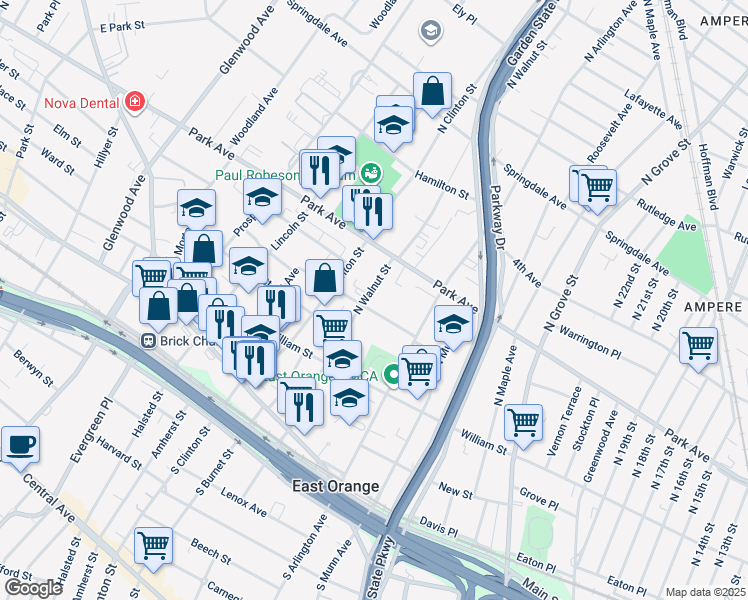 map of restaurants, bars, coffee shops, grocery stores, and more near 144 North Walnut Street in East Orange
