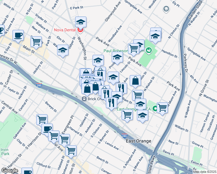 map of restaurants, bars, coffee shops, grocery stores, and more near 508 Main Street in East Orange