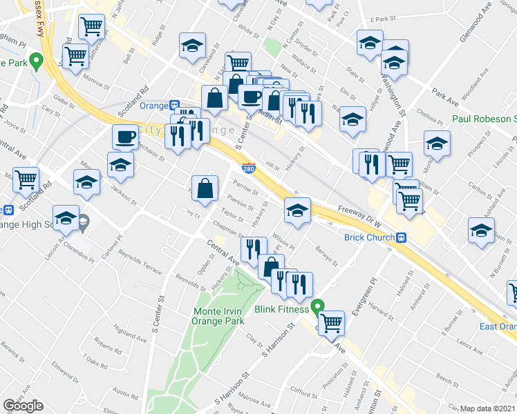 map of restaurants, bars, coffee shops, grocery stores, and more near 122 Hickory Street in City of Orange