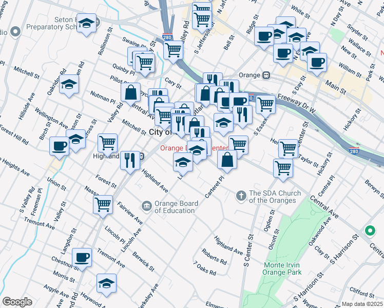 map of restaurants, bars, coffee shops, grocery stores, and more near 285 Lincoln Avenue in City of Orange