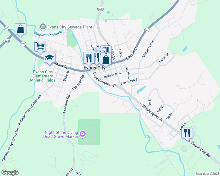map of restaurants, bars, coffee shops, grocery stores, and more near 300 South Washington Street in Evans City
