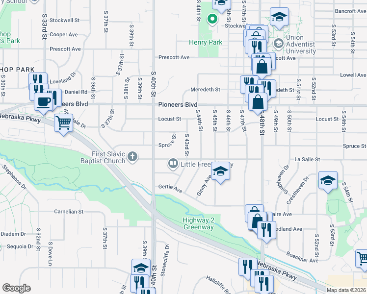 map of restaurants, bars, coffee shops, grocery stores, and more near 4600 South 43rd Street in Lincoln