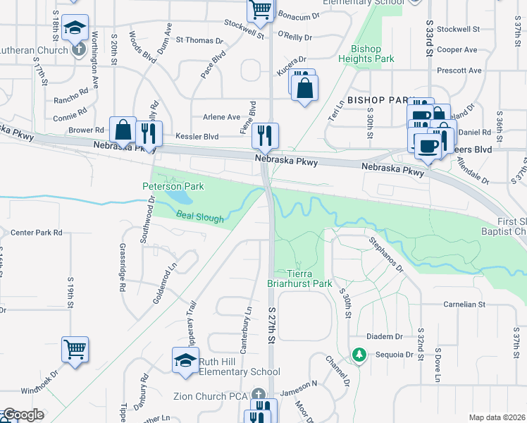 map of restaurants, bars, coffee shops, grocery stores, and more near 2625 Piccadilly Court in Lincoln